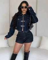 Autumn women's solid color stretch denim shorts set