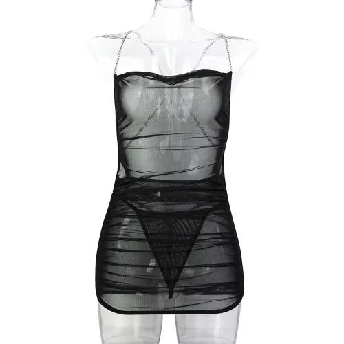 Mesh See-through Black Chemise G-Strings Soft Stretch Nightdress Chain Back
