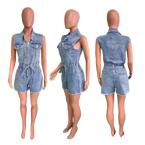 Fashion women's sleeveless casual denim rompers jumpsuit