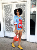 Contrast color print sports loose casual V-neck top T-shirt jersey for women