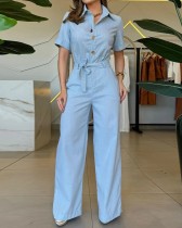 Women's Autumn Lapel Short Sleeve Solid Color Jumpsuit