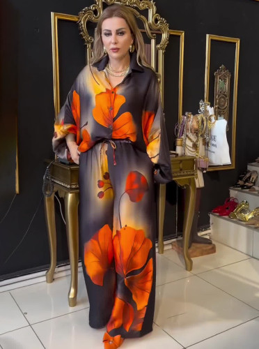 Women's clothing positioning printing top wide leg pants two piece suit