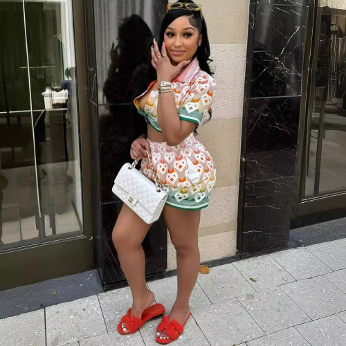 Women print two piece shorts set