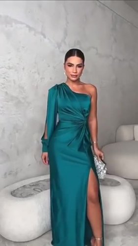 Women's autumn wear oblique collar raglan sleeves pleated waist slit sexy long evening dress