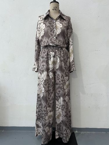 Women's autumn clothing irregular print top slit trousers two-piece suit