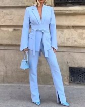 Ladies casual solid color lapel blazer pants two piece suit