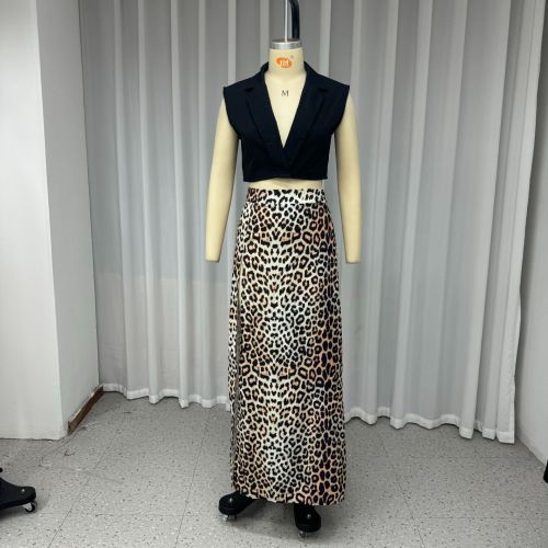 Women's suit lapel sleeveless top leopard print slit skirt two-piece suit