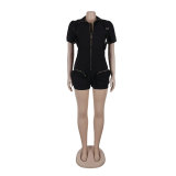 Sexy Short Sleeve Pocket Zipper Cargo Rompers Jumpsuit