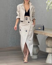 Women's suit lapel patchwork no long sleeves top skirt two-piece set with belt