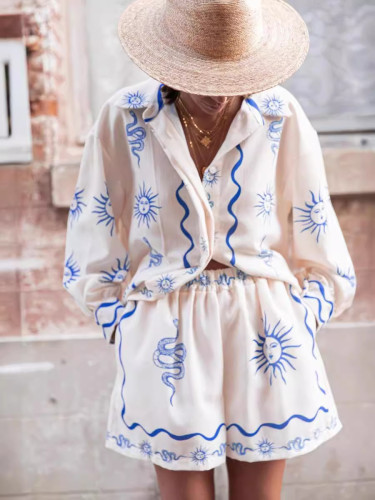 Casual Linen Print Holiday Casual Matching Top and Shorts Two Piece Set
