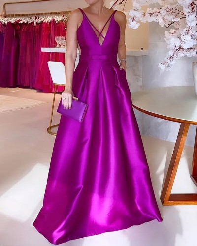 Ladies V-neck Elegant Sleeveless Solid Color Evening Dress