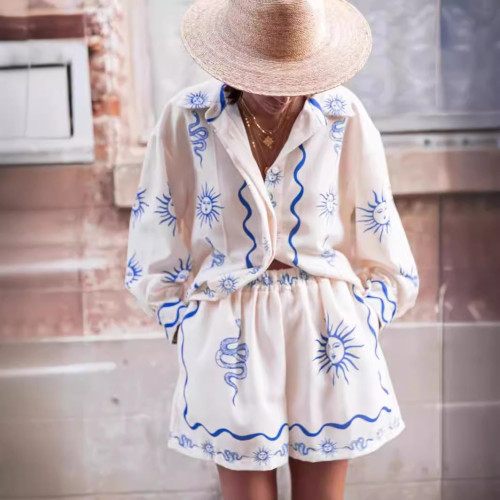 Casual Linen Print Holiday Casual Matching Top and Shorts Two Piece Set