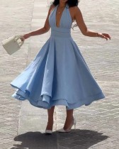 Sexy halter neck solid color deep-v maxi dress