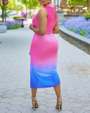 Casual Colorful Gradient Pleated Slit Bodycon Dress