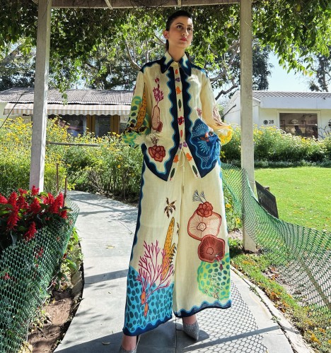 Autumn Long Sleeve Printed Holiday Casual Matching Top and Pants Two Piece Set