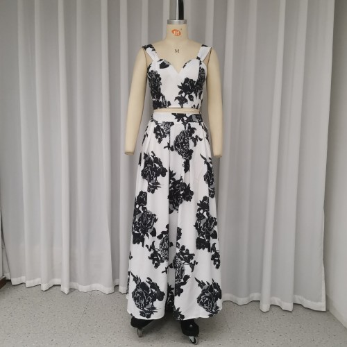 Women's suit camisole printed top maxi skirt two piece set