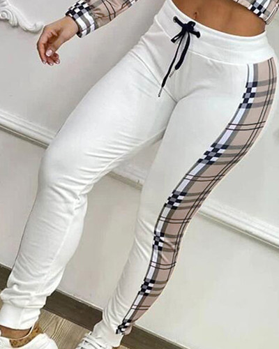 Autumn plaid print matching top and pants two piece set