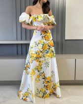 Sexy Half Sleeve Off Shoulder Printed Maxi Dress