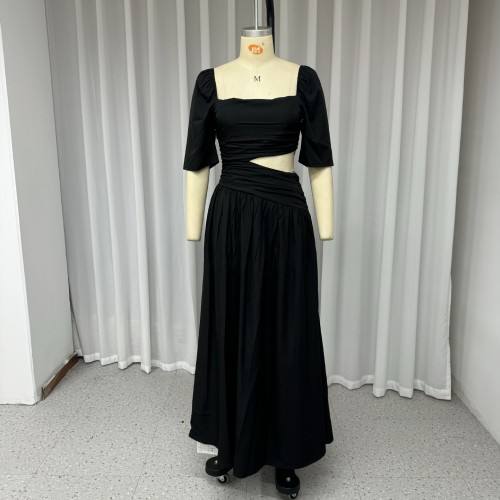 Women's dress autumn puff sleeve black hollow out solid color long dress