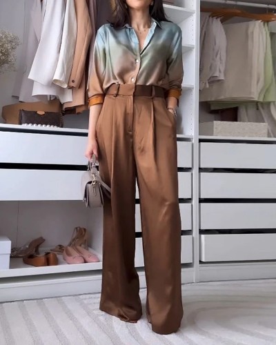Women's suit autumn casual lapel gradient shirt solid color pants two-piece suit