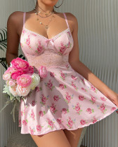 Women's Sexy Pajamas See-through Printed Nightdress T-Back Two-Piece Set