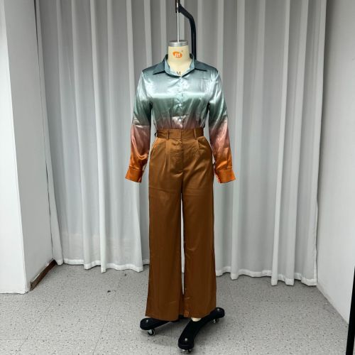 Women's suit autumn casual lapel gradient shirt solid color pants two-piece suit