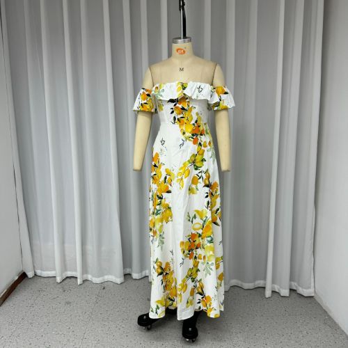 Sexy Half Sleeve Off Shoulder Printed Maxi Dress