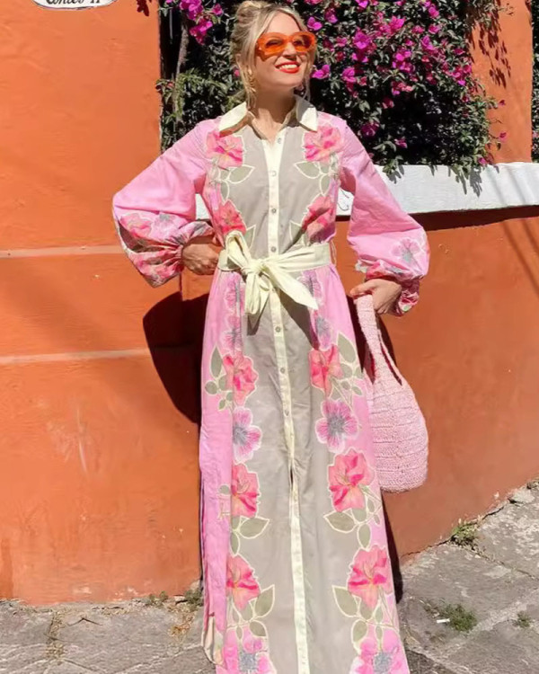 Casual Linen Long Floral Print Maxi Dress