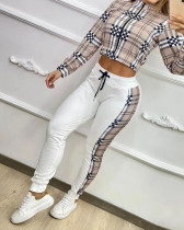 Autumn plaid print matching top and pants two piece set