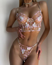 Women's Colorful Flower Embroidery Sexy See-through Erotic Lingerie Bra Two-piece Set