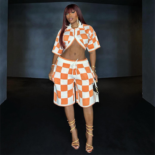 Women's high collar street sexy knitted plaid crop top shorts set