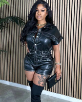 Women's wide sleeve buttoned leather rompers jumpsuit