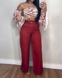 Women's autumn off-shoulder solid color trousers two-piece suit