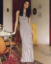 Women's Retro Striped Knitted Dress Round Neck Sleeveless Long French Dress
