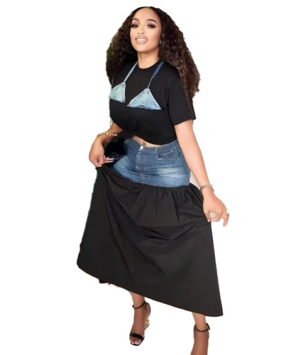 Women's patchwork contrast color T-shirt denim skirt two-piece set