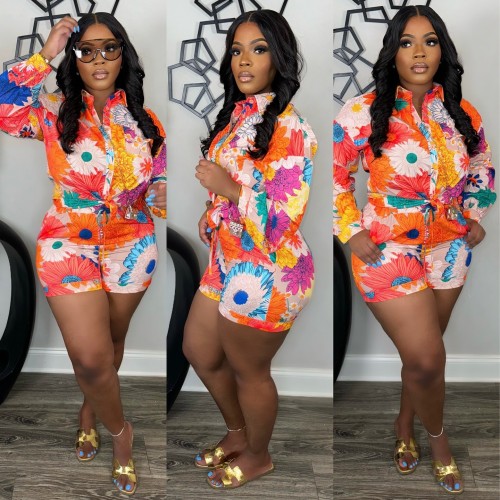 Women's Chrysanthemum Print Long Sleeve Blouse Shorts Two-piece Set