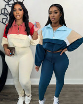 Women's Contrast Color Pullover Tracksuit Sports Set