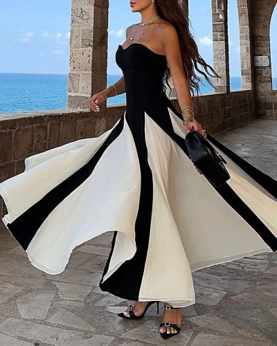 Women's strapless contrast color evening dress