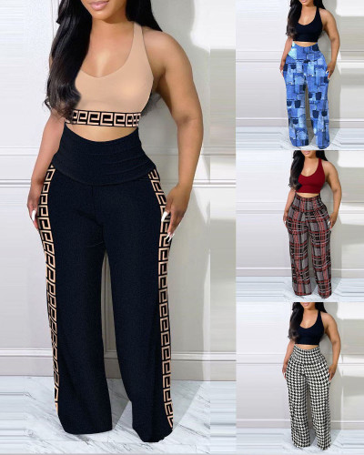 Women's Casual Vest Printed High Waist Wide Leg Pants Set