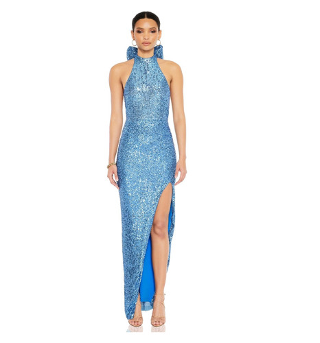 Women's sequined slit long dress halter neck big bow evening dress