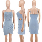 Women sexy wrapped strap bodycon denim dress
