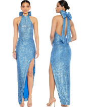 Women's sequined slit long dress halter neck big bow evening dress