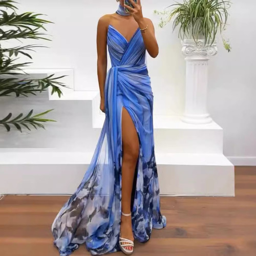 Women print elegant slit long evening dress