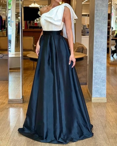 Women contrast color one shoulder elegant long evening dress