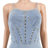 Women sexy wrapped strap bodycon denim dress