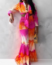 Women's Printed Tie Long Sleeve Top High Waist Wide Leg Pants Casual Suit