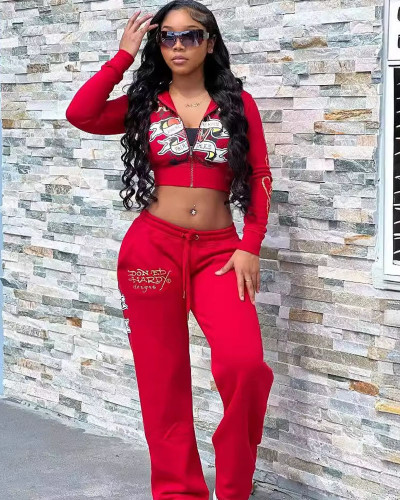 Women's street style skull heart print zipper sweatshirt high waist straight pants two-piece tracksuit