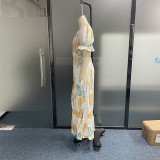 Women's V-neck puff sleeve printed long dress