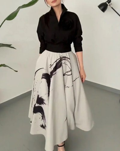 Women's two piece clothing casual long sleeve blouse  printed two piece suit