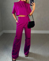 Women's suits casual short-sleeved tops  ripped wide-leg pants two-piece set